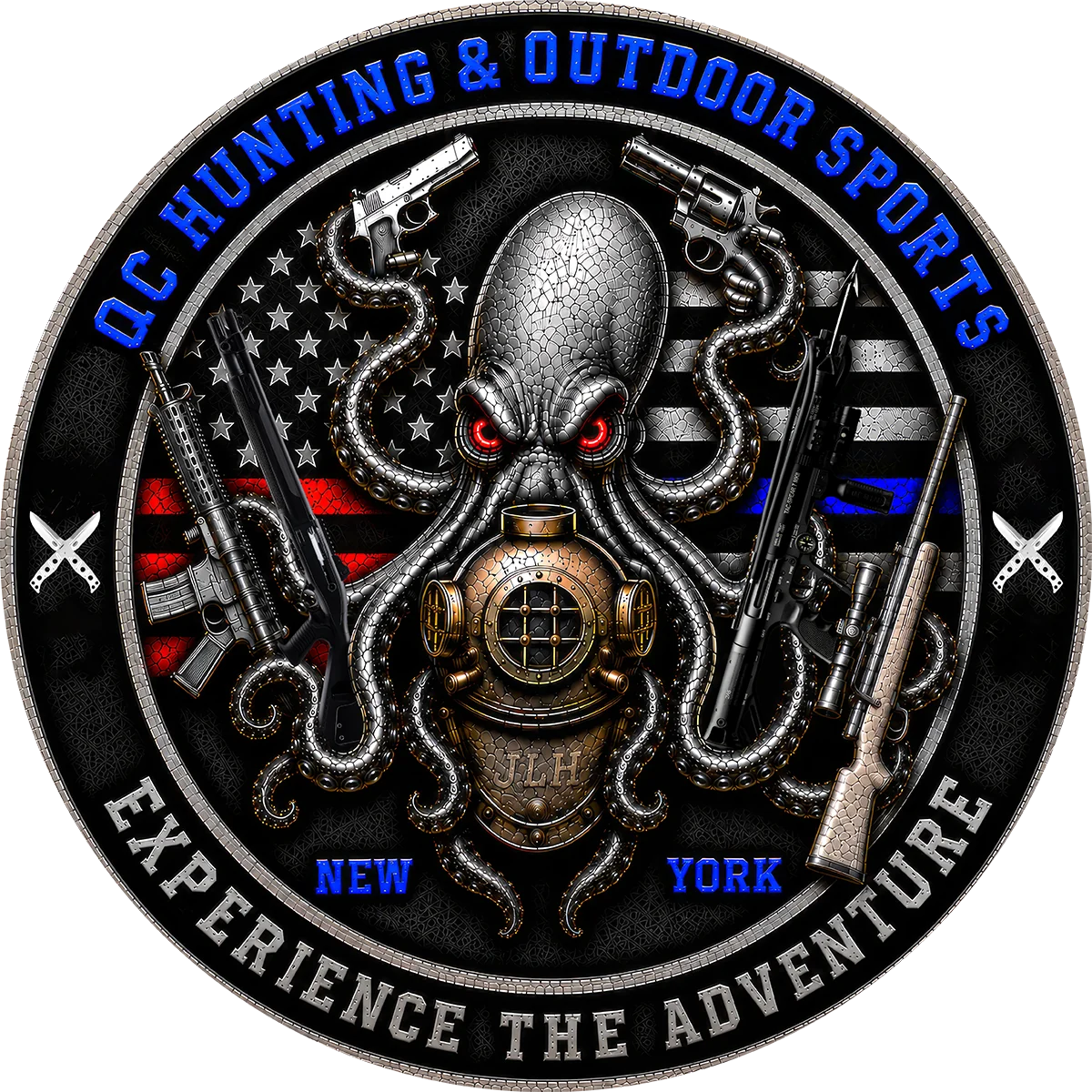 QC Hunting and Outdoor Sports emblem: an armored octopus in a brass diving helmet in front of a thin blue line flag. Experience the adventure. New York.